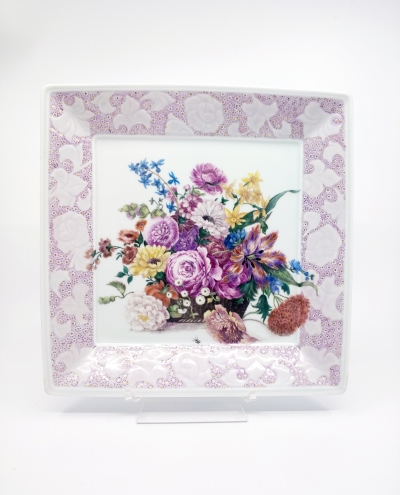 Flowers basket Large 23x23cm Square plate White Porcelain, 24K Gold.